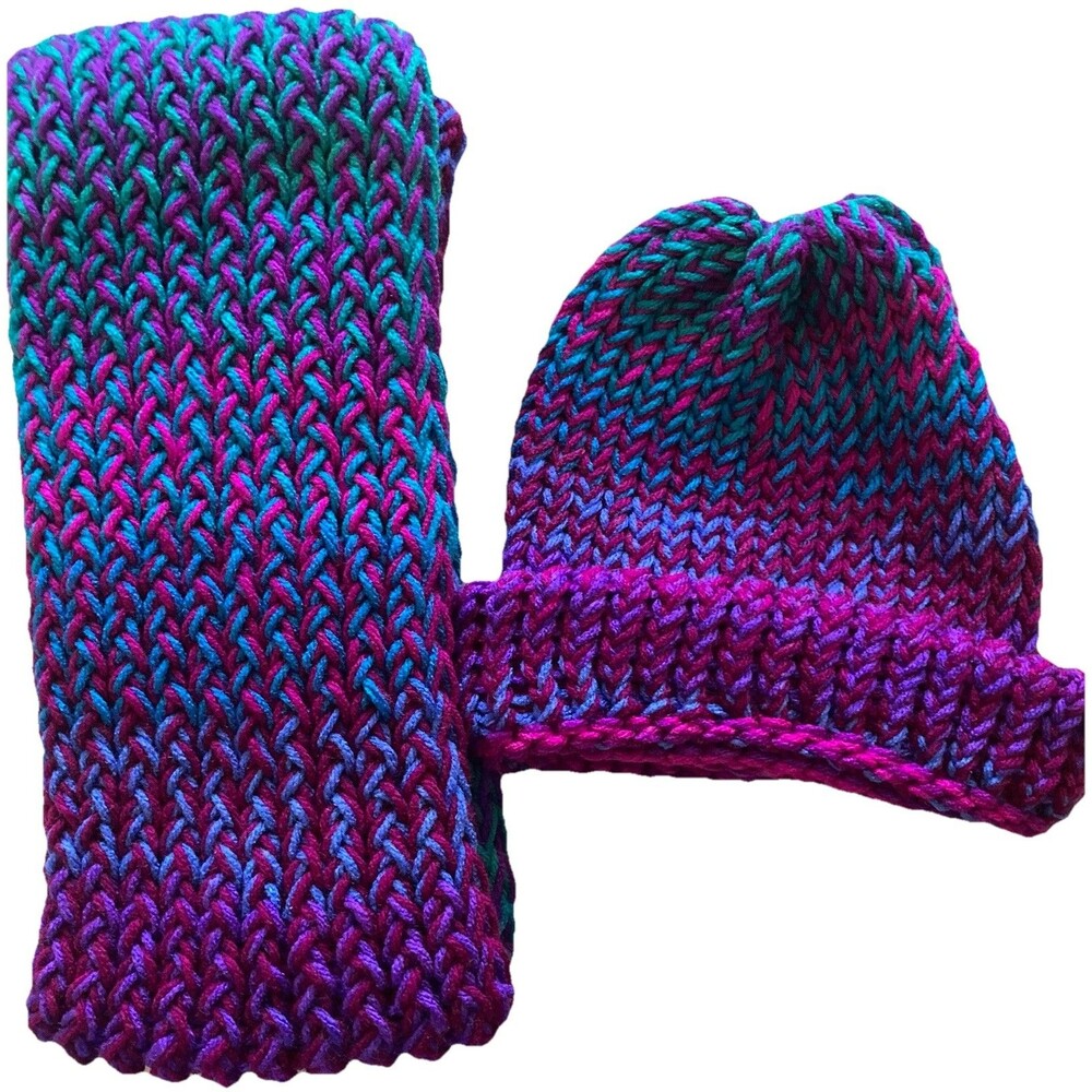 HANDMADE colorful loom knitted beanie hat and scarf set for adults